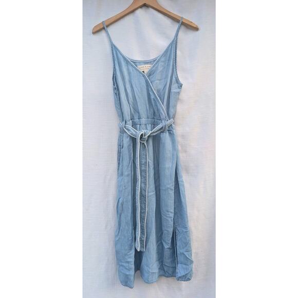 Anthropologie Cloth & Stone Women's Chambray Tank Dress Sz PM Belt Tie Midi Slit - Picture 1 of 8